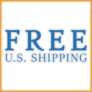 Op de afbeelding: Blauwe tekst op een witte achtergrond met de tekst "FREE U.S. SHIPPING".