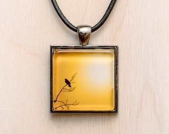 Blackbird Necklace/Mustard Yellow Bird Pendant/Blackbird Jewelry/Black Bird Necklace/Crow Pendant/Crow Necklace/Crow Jewelry/Crow Charm Art
