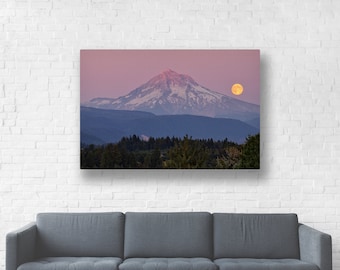 Mount Hood Photography/Portland Oregon Canvas Wrap/Full Moon Pink Sunset/Pacific Northwest Art/Mountain Picture/Forest Wall Art Canvas Print
