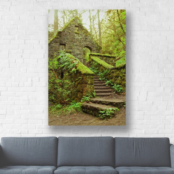 Mossy House Nature Photography "The Stone House" Forest Home, Moss Green Art, Forest Art, Hiking Photo, Portland Oregon, Canvas Gallery Wrap