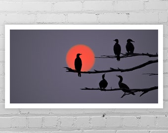 Panoramic Wall Art/Black Birds/Bare Tree Branch/Orange Sunset/Purple Night Sky/Bird Art/Fine Art/Panorama Photo Print/Cormorant Bird Picture