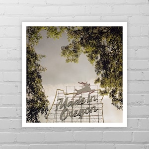 May include: A vintage-style sign with the text "Made in Oregon" and a stylized deer leaping over the state outline. The sign is framed by lush green trees.