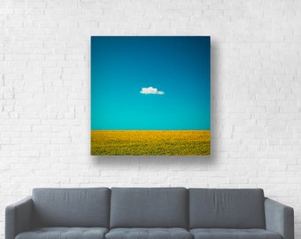 Lone Cloud Canvas Wrap/Blue Sky/Yellow Sunflower Picture/Cloud Art Print/Sunflower Photography/Fine Art Nature Photo/Minimalist Wall Decor