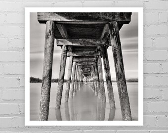 Gray Nautical Wall Decor/Black and White/Rustic Wooden Pier Oregon Coast/Grey Water Print/Sea Photo/Ocean Dock/Monochrome Fine Art Print