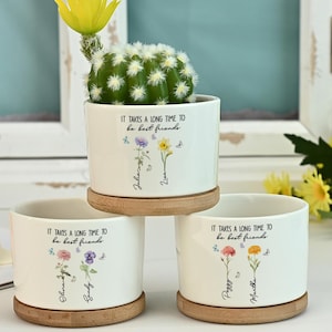 Op de afbeelding: Drie witte keramische bloempotten met houten schotels. Elke pot heeft een bloemenontwerp en de tekst "IT TAKES A LONG TIME TO be best friends." Eén pot bevat een cactus met een gele bloem. De potten staan op een wit oppervlak.