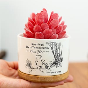 May include: A white ceramic planter with a red succulent, held in a hand. The planter has a bamboo base and features a black and white illustration of a bear and the text "Never forget the difference you make Mrs. Gloria".