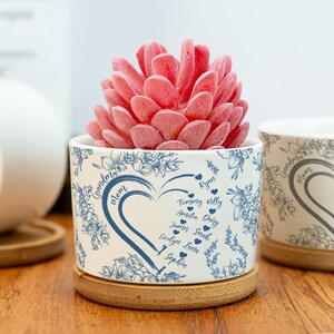 May include: A white ceramic planter with a blue floral design and the words "Grandma" and "Mom" in script. A pink succulent sits inside the planter, which rests on a bamboo coaster. Names are listed inside a heart design.