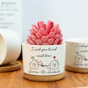 Può includere: Un vaso di ceramica bianco con una succulenta rosa. Il vaso ha il testo "I wish you lived next door" con illustrazioni di case e cuori. I nomi "Gemma" e "Herbert" sono sotto. Il vaso è su un sottobicchiere di bambù.