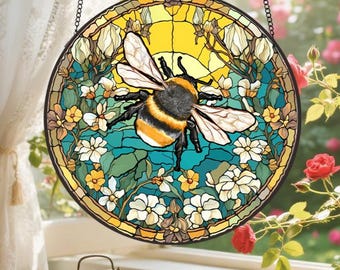 Honeybee Gift for Garden Lovers,Bee Stained Glass Suncatcher,Bee Wildflower Glass Ornament,Home Decoration for Bee,Housewarming Gift