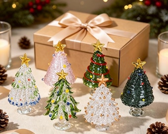 Árbol de Navidad de vitrales hecho a mano, figuras de árboles de vidrio, regalo para mejores amigos, decoración navideña única, mini árbol de Navidad de vidrio iluminado
