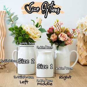 May include: Three white ceramic vases of varying sizes, labeled "Size Options", each holding different floral arrangements. The vases are labeled "Size 1" and "Size 2", with measurements in inches and centimeters. The text "Left", "Middle", and "Right" are also visible.