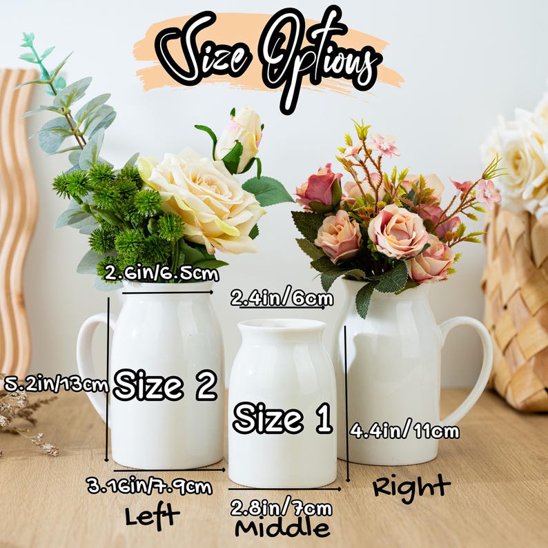 May include: Three white ceramic vases of varying sizes, labeled "Size Options", each holding different floral arrangements. The vases are labeled "Size 1" and "Size 2", with measurements in inches and centimeters. The text "Left", "Middle", and "Right" are also visible.