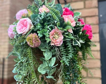 Luxus Faux Blumenampel | Outdoor UV beständig Pink Florals