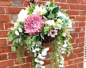 Luxus Faux Blumenampel | Outdoor UV beständig Pink & Weiß Florals