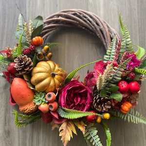 FALL / AUTUMN Golden Pumpkin Wreath Handmade With Artificial Flowers