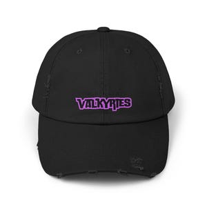 May include: Black distressed baseball cap with a purple embroidered logo that reads "Golden State Valkyries".