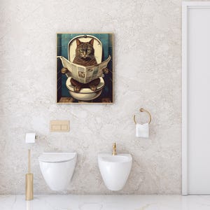 Funny Cat Wall Art Printable – Cat on Toilet Humorous Bathroom Decor, quirky restroom poster cat lover gift idea
