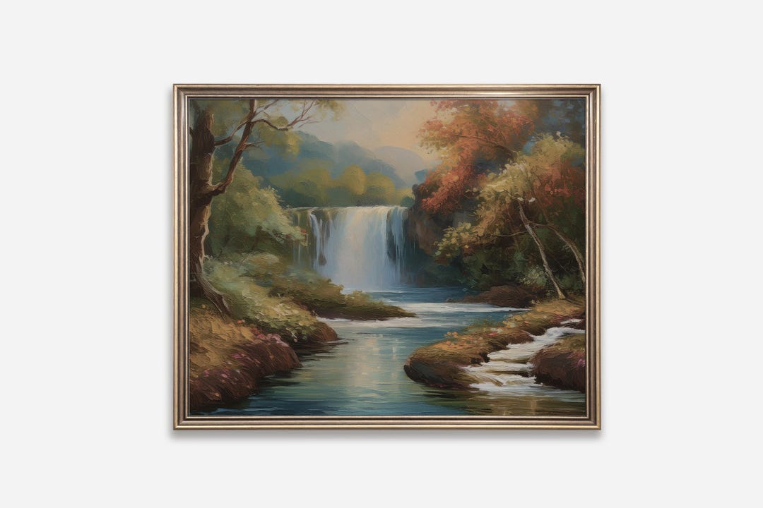 Rustic Style Waterfall Vintage Style Waterfall Landscape Printable Wall Art, Serene Rustic ...