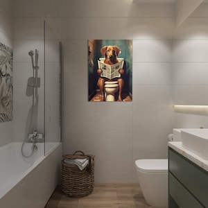 Funny Dog Bathroom Wall Art | Dog on Toilet Reading Newspaper Printable Poster | Quirky wall decor for restroom gift for dog lovers
