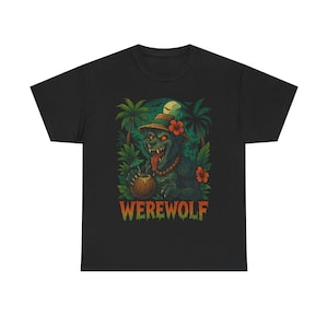 Tropische T-shirt van de Cartoon van de Weerwolf | Grappig Halloween-T-shirt voor strand Jungle Lover, uniseks shirt, zware katoenen top, humoristische kostuumkleding,