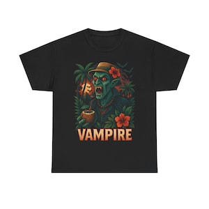 Grappig T-shirt tropische vampier cartoon, T-shirt stranddrinkend, shirt Halloweenkostuum, katoenen uniseks top