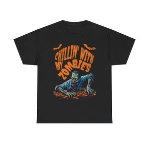 Funny Chillin' With My Zombies Unisex Heavy Cotton Tee, Spooky Halloween Zombie Shirt, Cool Undead Tee, Novelty Horror T-Shirt, Scary Zombie