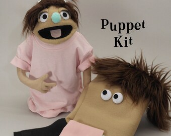 Puppet Kit for Hand and Rod Puppet, includes Pattern and video tutorial, tan human with brown hair and pink t-shirt, puppetry supplies