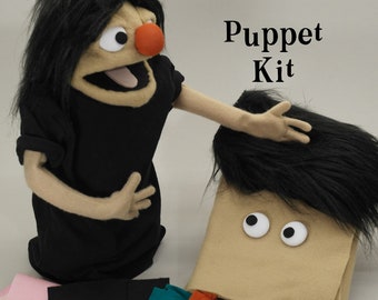 Puppet Kit for Hand and Rod Puppet, includes Pattern and video tutorial, tan human with black hair and black t-shirt