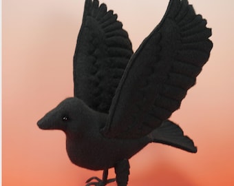 Crow Sewing Pattern, Gothic Quilted Fleece Bird PDF, Poseable Wired Wings & Feet, Standing and Flying Crow Plush Pattern