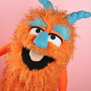 Furry Monster Puppet Sewing Pattern PDF, Washable Hand-and-Rod Style, with Soft Horns & Animal Nose