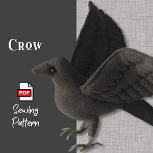 Crow PDF Sewing Pattern with quilted wings and tail for Fall or Halloween decor - Make your own poseable Crow or Raven whimsigoth decor