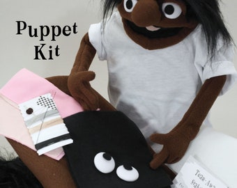 Puppet Kit for Hand and Rod Puppet, includes Pattern and video, dark fleece skin human puppet supplies with arm rods, puppetry practice