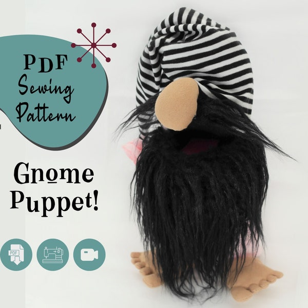 PDF Gnome Puppet Sewing Pattern with Feet, Video Tutorial and Color Instructions with Instant Download