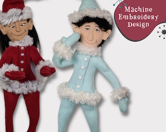 In the Hoop Posable Christmas Elves art doll pattern with 2 head options, Machine Embroidery digital ITH download 6x10 hoop