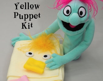 DIY Puppet Kit, Yellow fleece hand and rod puppet, includes pattern plus VIDEO tutorial for washable and quirky practice puppet