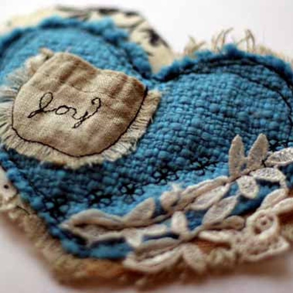 mini art quilt heart in aqua with embroidered pocket for joy