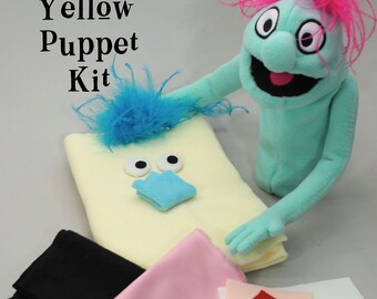 DIY Puppet Kit, make your own Yellow and turquoise hand and rod puppet, includes pattern plus VIDEO tutorial for washable practice puppet