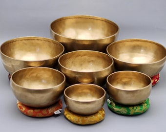 Seven Chakra Notes Golden Dim Singing Bowl Set of Seven -Tibetan Singing Bowl sets- Mediation sets-Mindfulness