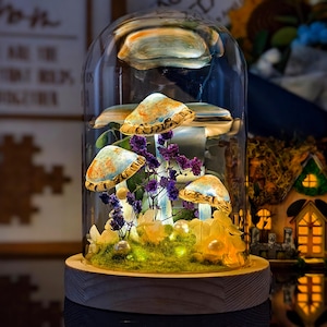 Handmade Mushroom Lamp with Pearls & Purple Flowers – Forest Fairy Light, Nature Table Decor, Glowing Toadstool Night Light