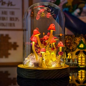 Pink Mushroom Fairy Light Terrarium with Flowers & Crystals | Glowing Toadstool Lamp | Cottagecore Night Light Decor | Gift for Her or Kids