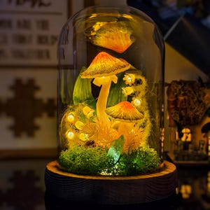 Enchanted Mushroom Glass Dome Light with Real Moss & Quartz Crystal - Fairy Terrarium Night Lamp, Woodland Decor, Cottagecore Gift Idea