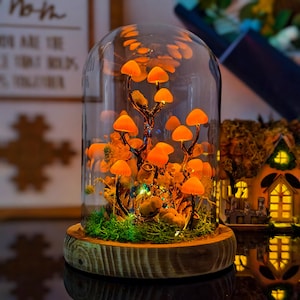 Glowing Mushroom Lamp with Real Moss - Fairy Terrarium Light, Woodland Decor, Glass Dome Night Light, Cottagecore Gift for Her or Home