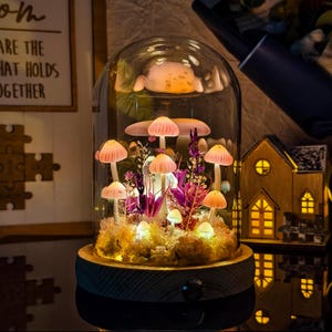 Pink Mushroom LED Light in Glass Dome | Fairy Forest Terrarium Night Lamp | Cottagecore Decor | Magical Gift for Nature Lovers & Home Decor