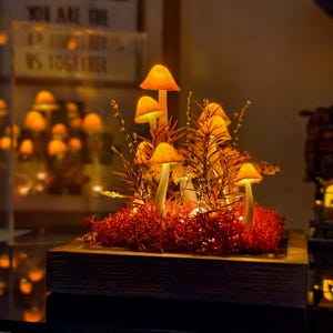 Glowing Mushroom Night Light with Red Moss, Handmade Fungi Lamp in Wooden Box, Fairycore Terrarium Decor, Whimsical Forest Gift for Her