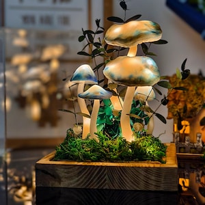 Handmade Resin Mushroom Night Light with Greenery & Moss, Fairy Garden Decor, Nature-Inspired LED Lamp, Unique Home Gift for Fantasy Lovers