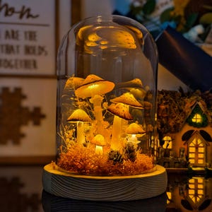 Mushroom Terrarium Night Light – Fairycore Glass Dome Lamp, Glowing Toadstool Decor, Cottagecore Gift, LED Mushroom Light for Bedroom