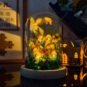 Yellow Mushroom LED Night Lamp with Flowers & Moss | Fairy Garden Terrarium Decor | Glowing Woodland Light | Magical Gift for Nature Lovers