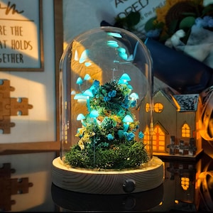 Blue Mushroom Lamp with Pine Cones – LED Glass Dome Night Light, Enchanted Forest Decor, Fairycore Terrarium Gift, Unique Home Lighting