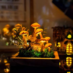 Handmade Resin Dragonfly Mushroom Night Light with Real Flowers & Moss, Nature-Inspired Decor, Fairy Garden Tabletop Light, Unique Home Gift