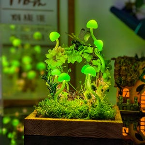Wooden Vine Hoop Handmade LED Mushroom Fairy Garden Night Light with Moss, Dried Flowers and Dragonfly | Whimsical Nature Style Home Decor